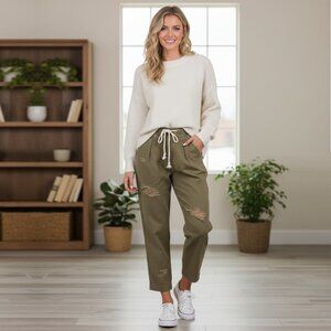Straight fit ankle pants - Olive color, casual cotton distressed jogger pants